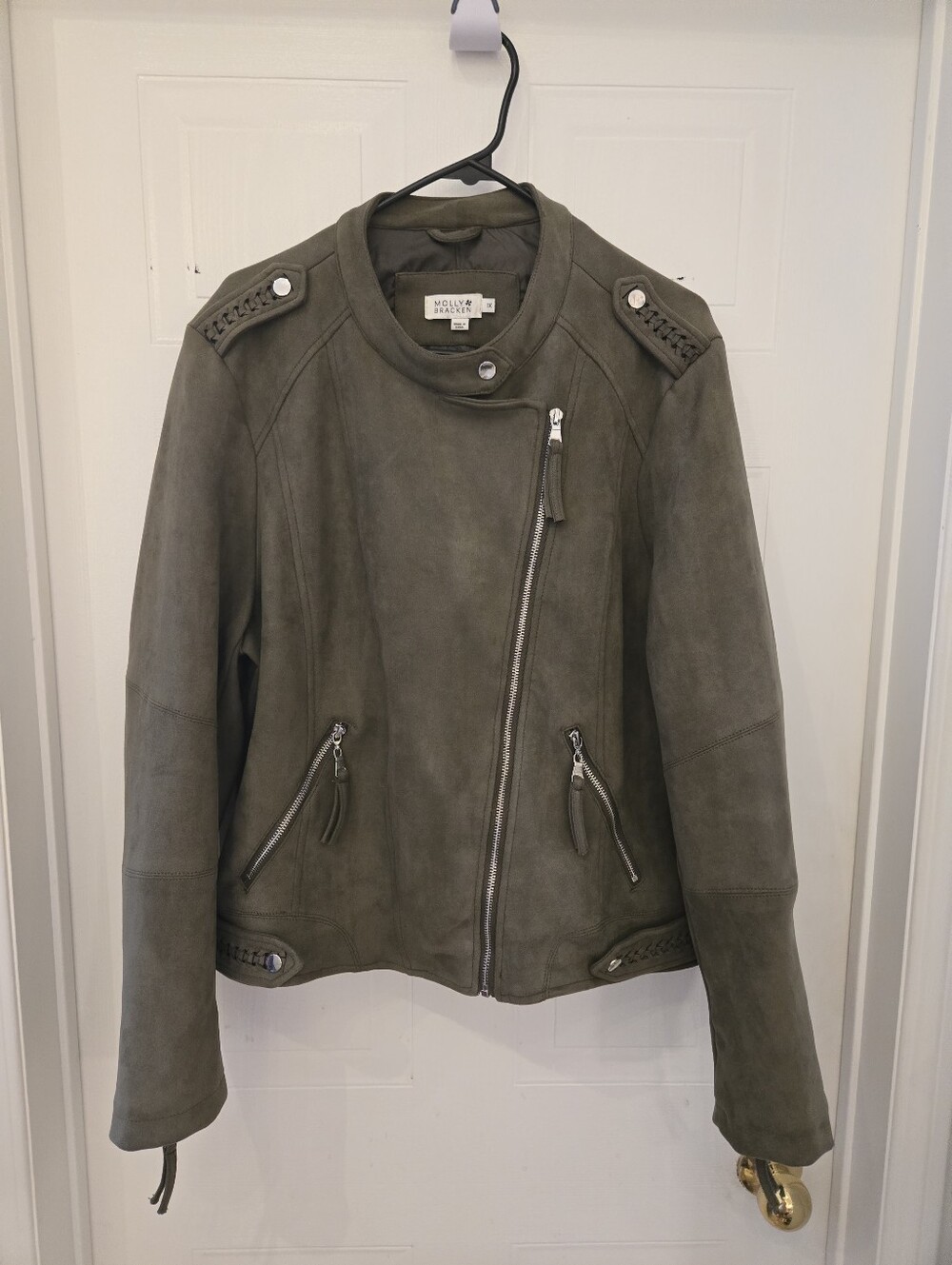 1X Plus OLIVE Green FAUX SUEDE MOTO ASYMETRICAL ZIPPER JACKET